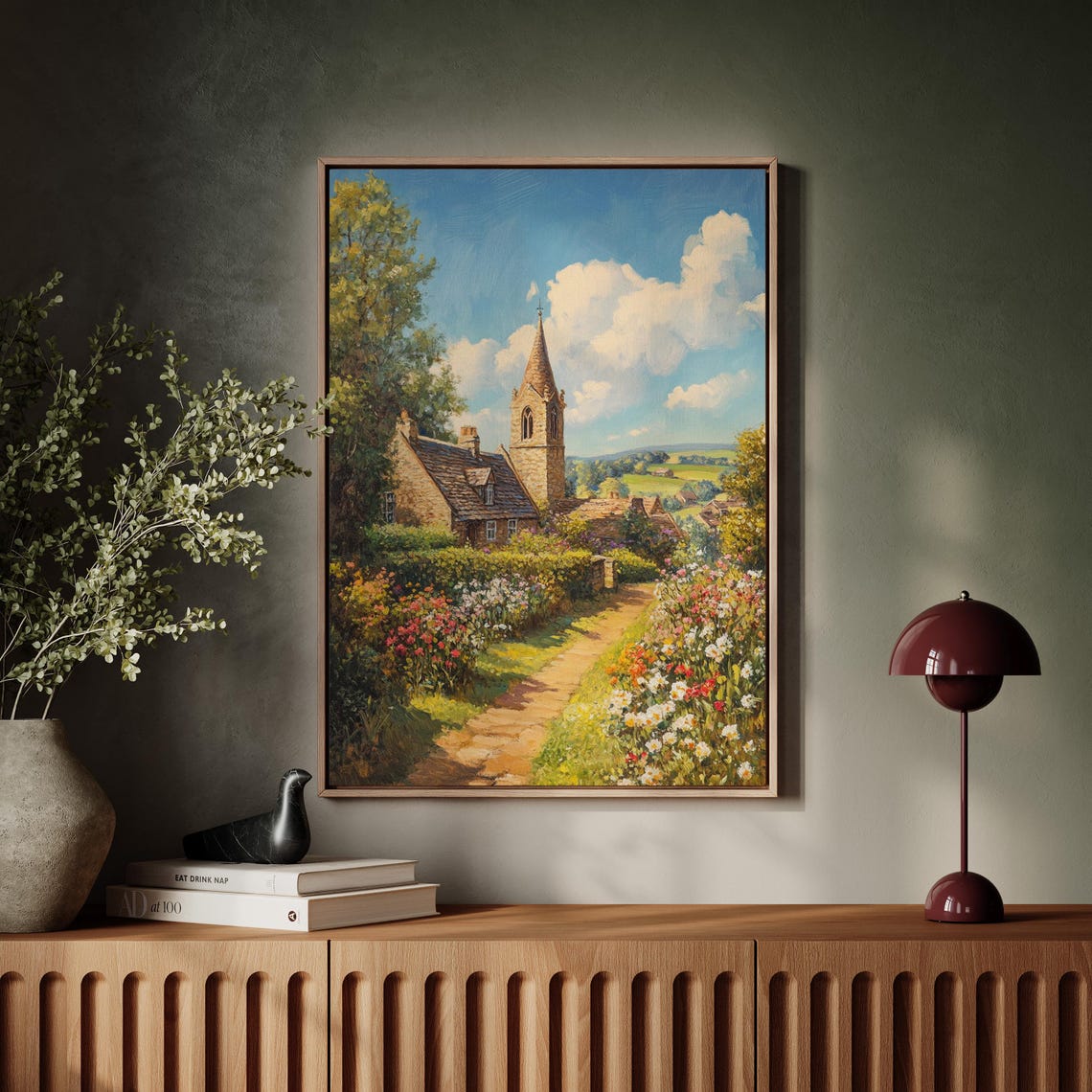 Idyllic Countryside Church Garden Path Vibrant Floral Scene Poster
