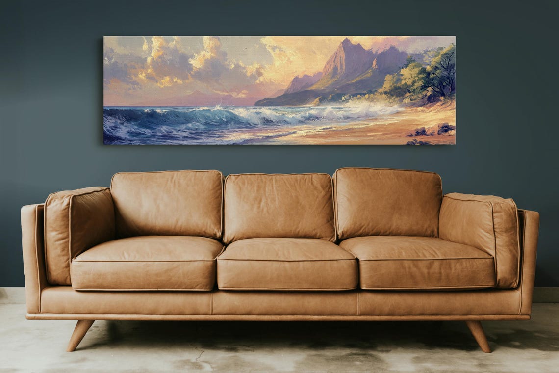 Ocean Sunset Waves With Mountain Beach Pastel Coastal Panorama Poster