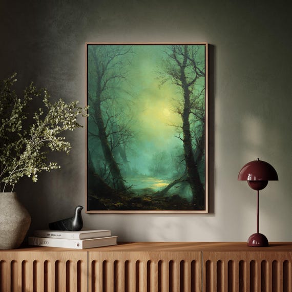 Misty Forest Moonlight Canvas Wall Art Vintage Oil Painting Of Enchanted Trees And Glowing River In Moody Green Teal Tones