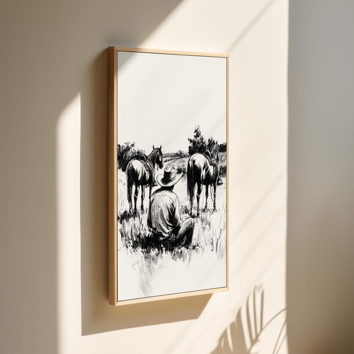 Cowboy Sitting with Two Horses Quiet Ranch Life Ink Sketch Poster - Image 4