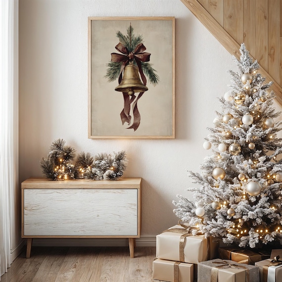Vintage Golden Christmas Bell With Pine And Burgundy Ribbon Poster