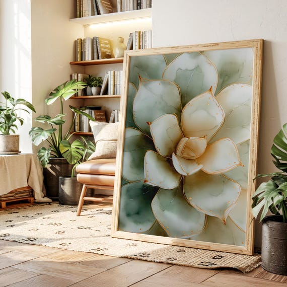 Succulent Canvas Wall Art Modern Desert Plant Painting Green And Gold Abstract Botanical Print For Boho Minimalist Contemporary