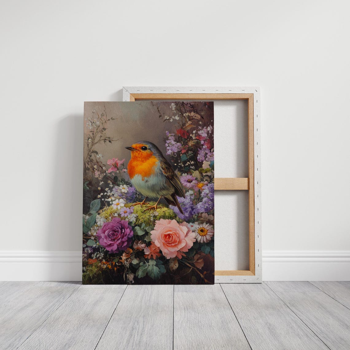 Orange Breasted Robin Mossy Stump Blooming Rose Garden Poster - Image 3