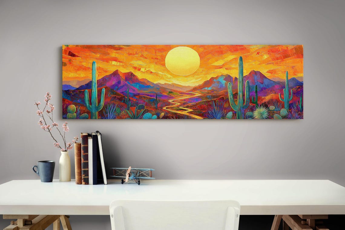 Vibrant Desert Sunset Saguaro Big Sun Cactus Landscape Poster - Image 3