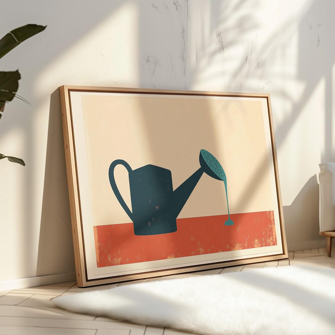 Mid Century Teal Watering Can Kitchen Garden Retro Style Art Poster