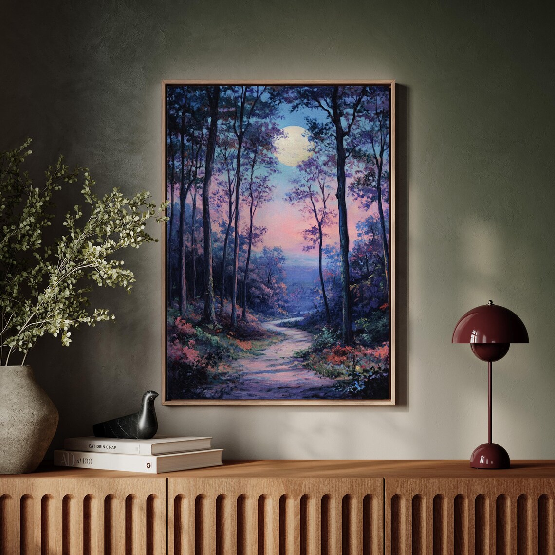 Moonlit Forest Path Purple Blue Woodland Moon Night Scene Poster - Image 7
