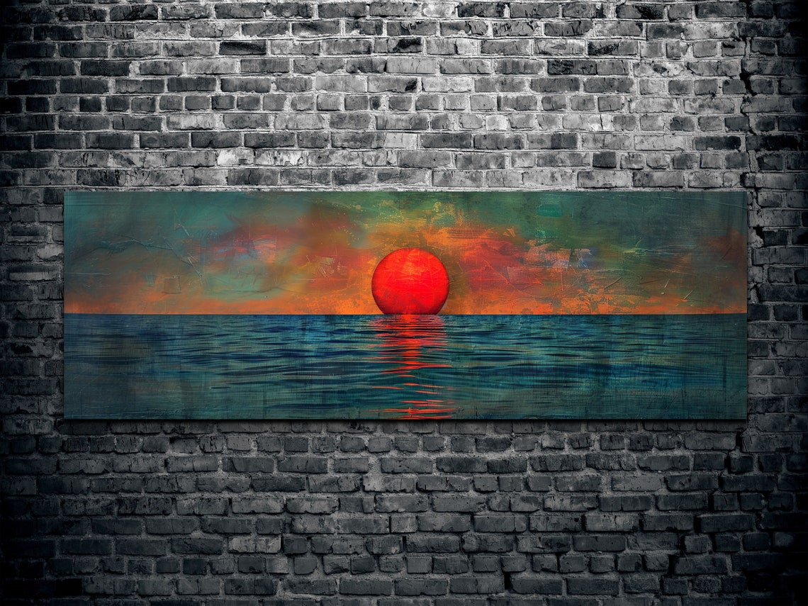 Big Red Sun Over Teal Ocean Textured Abstract Seascape Poster - Image 2