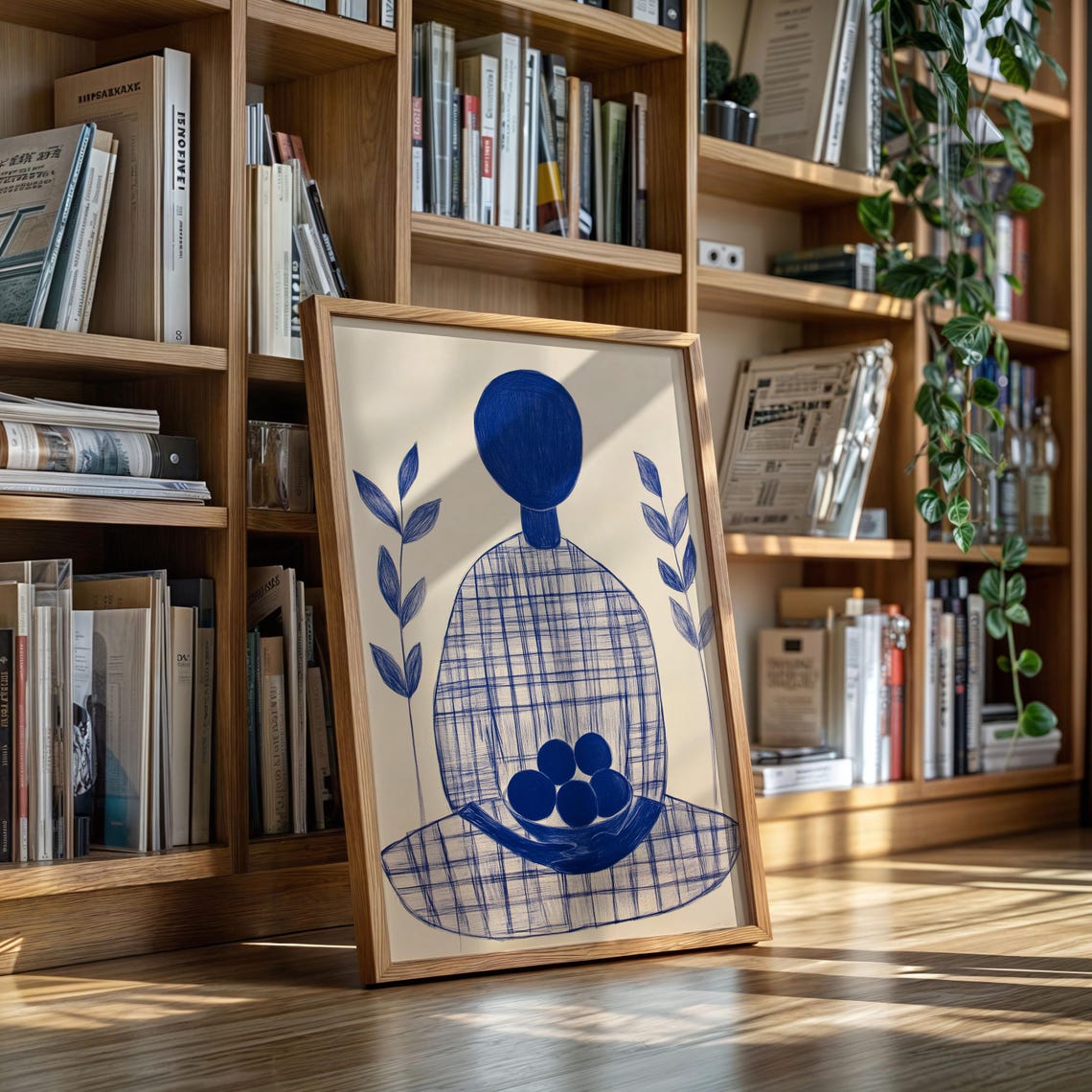 Blue Figure Meditating Minimalist Abstract Mindful Art Poster