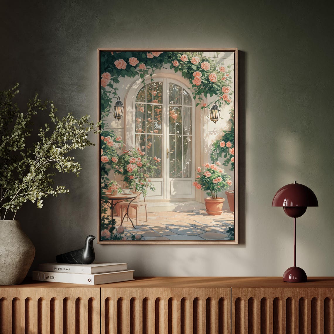 Pink Roses French Doors Sunlit Patio Climbing Roses Garden Poster