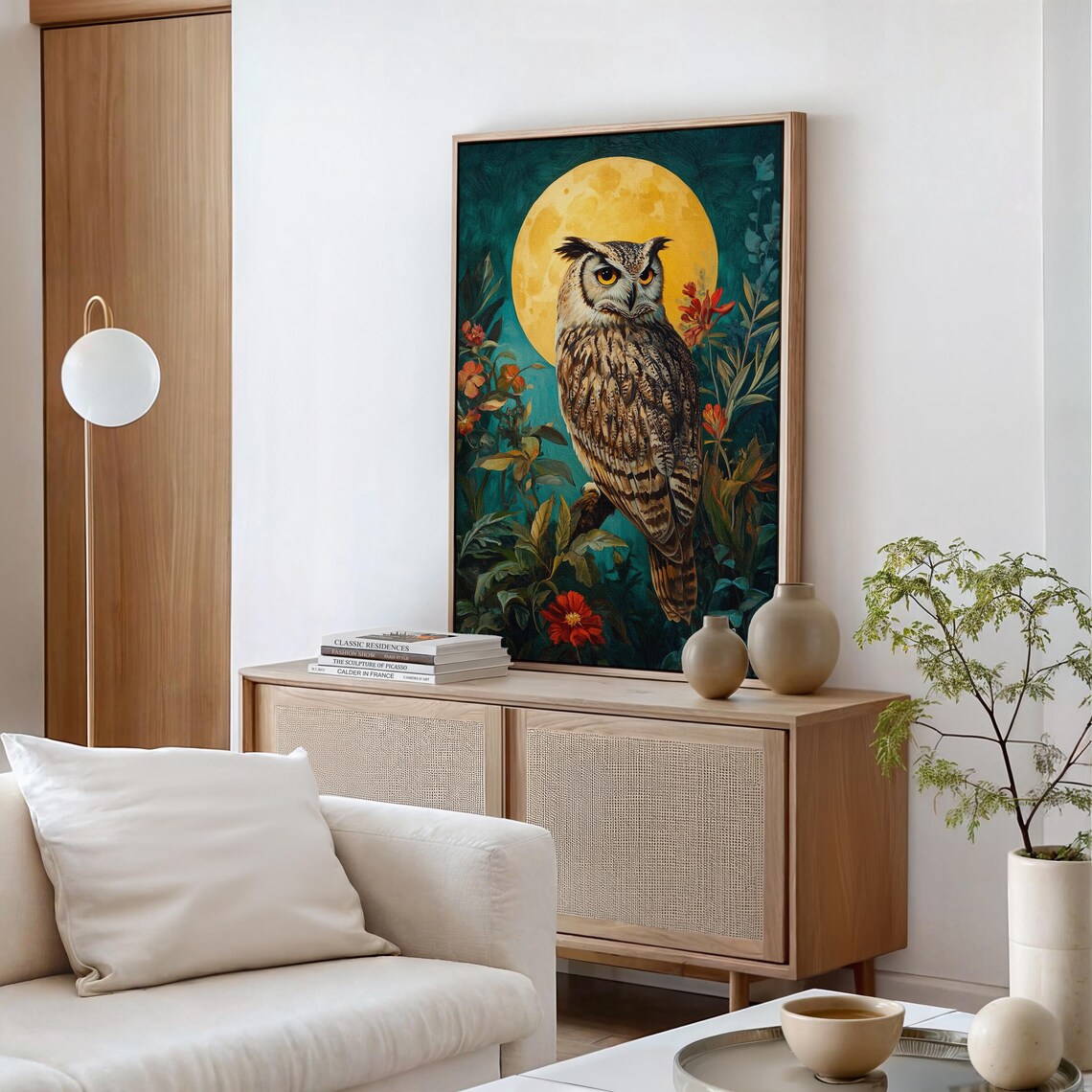 Majestic Great Horned Owl Golden Full Moon Teal Floral Night Poster - Image 4