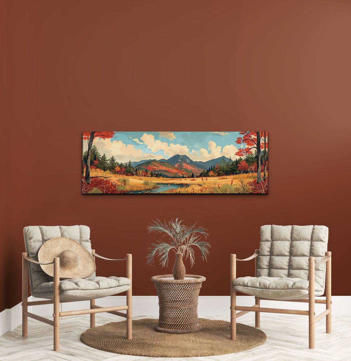 Autumn Mountain Valley River Vintage Style Panorama Wall Art - Image 7