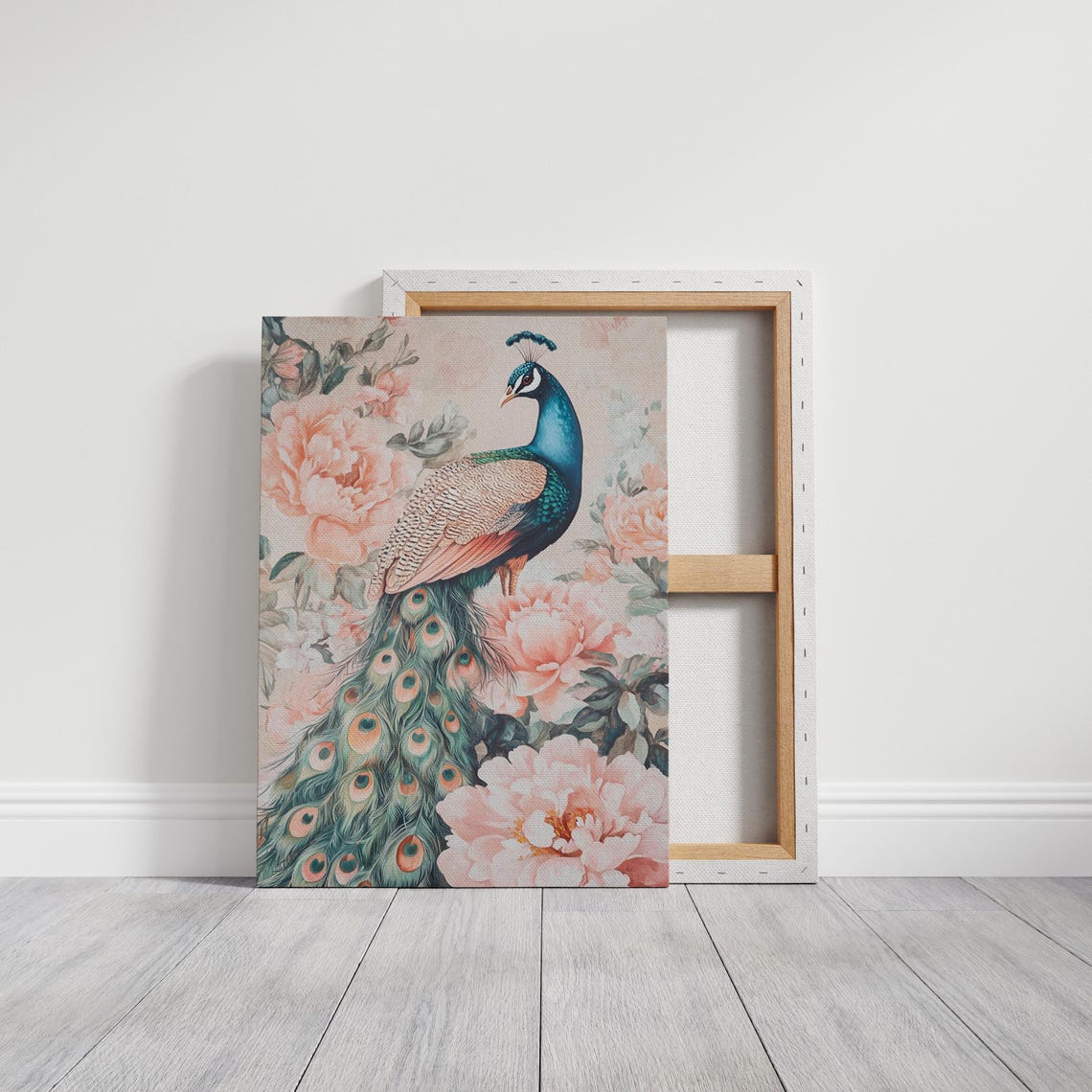 Elegant Peacock Pink Peonies Vibrant Floral Standing Bird Wall Art - Image 6