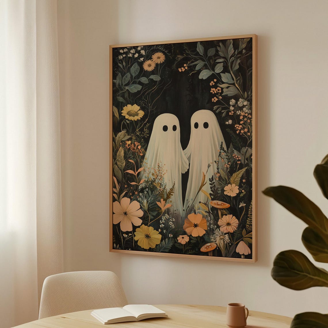 Two Cute Ghosts In Dark Floral Mushroom Garden Spooky Wall Art