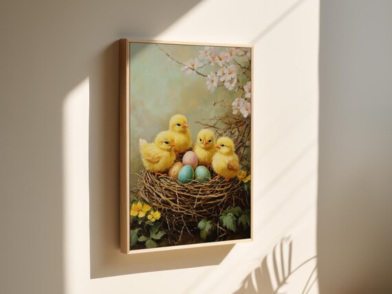 Baby Chicks in Nest With Easter Eggs Vintage Spring Painting Wall Art