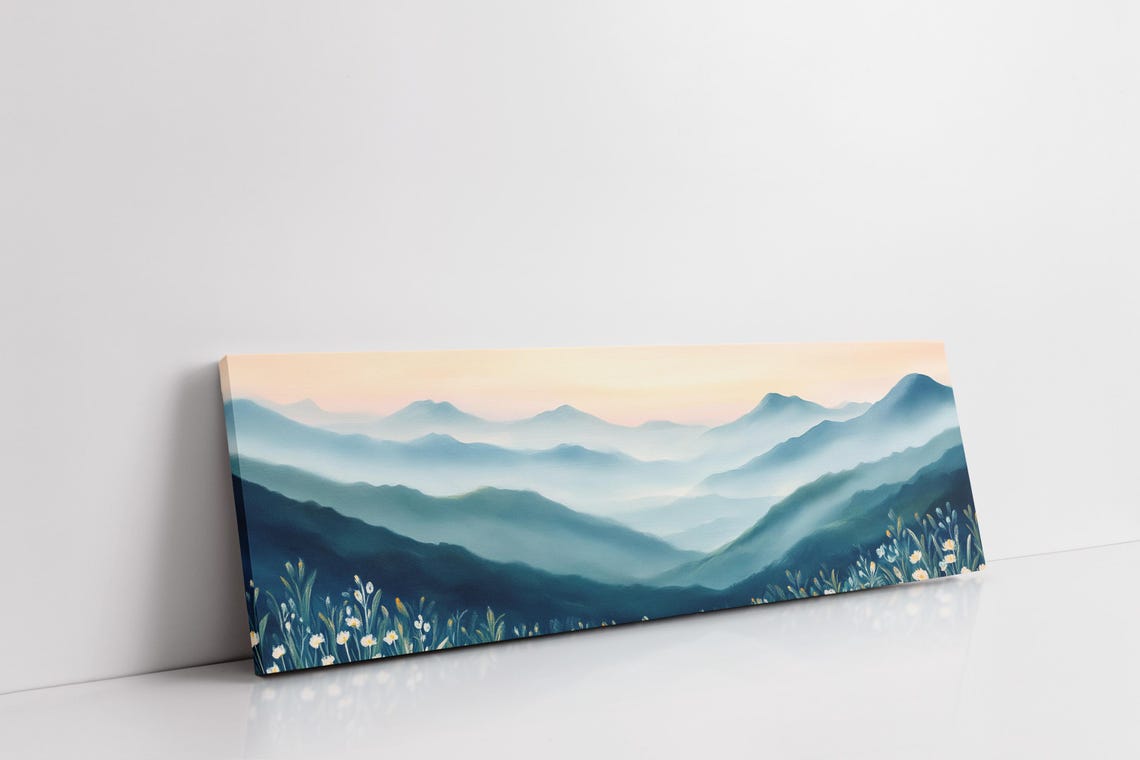 Layered Blue Mountains at Sunrise With Wildflowers Panorama Poster - Image 6