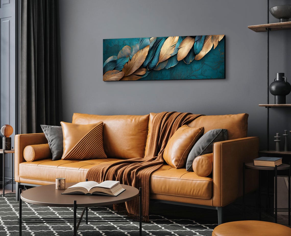 Golden Bronze Feathers On Teal Elegant Panoramic Nature Art Poster - Image 6