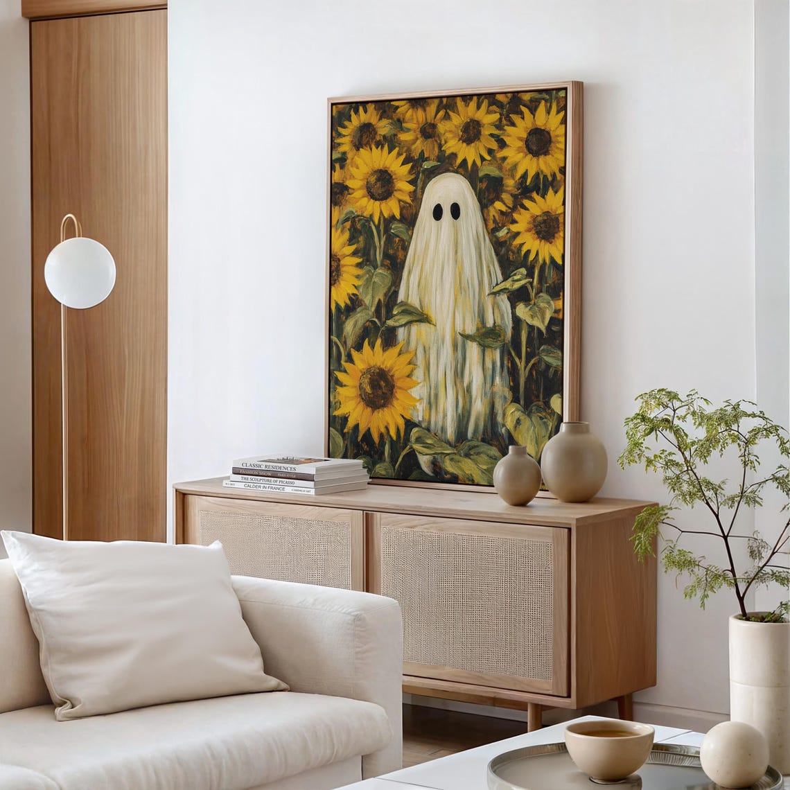 Whimsical Ghost In Sunflower Field Spooky Halloween Vintage Art Poster - Image 4
