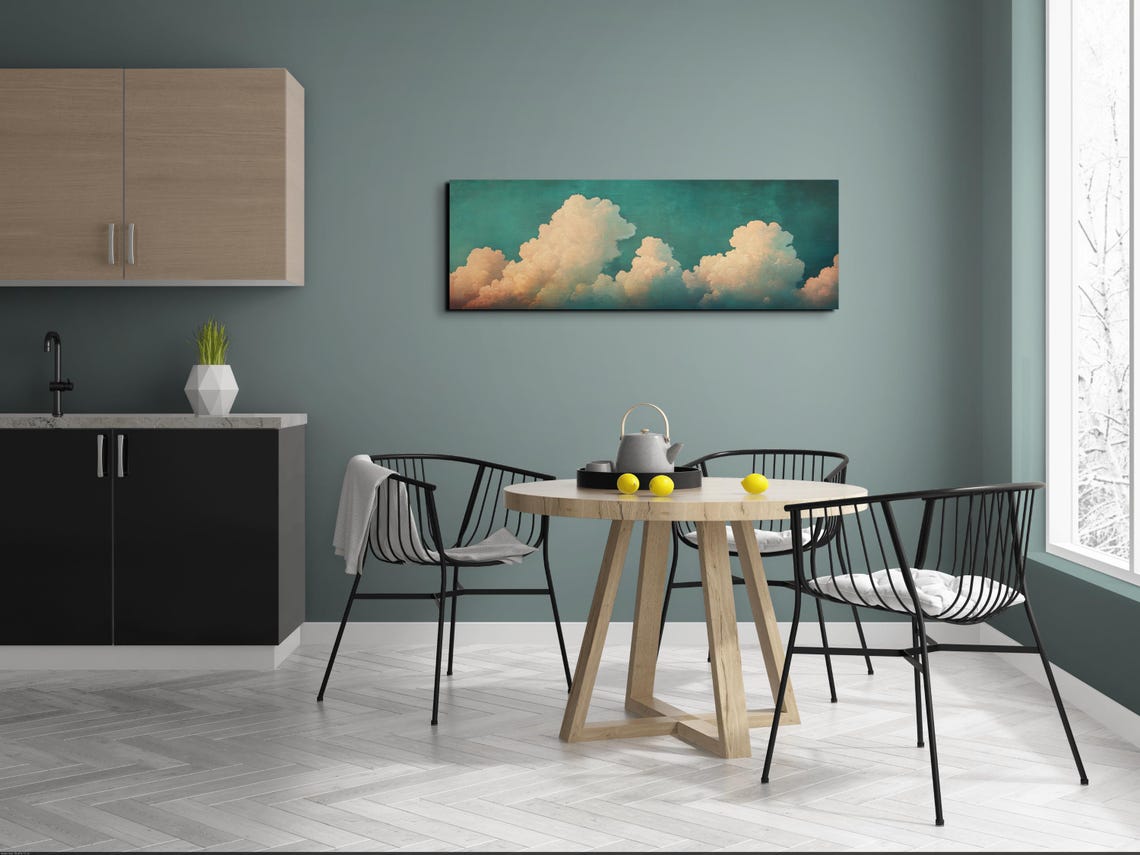Golden Cumulus Clouds on Teal Sky Sunset Panoramic Art Poster - Image 7