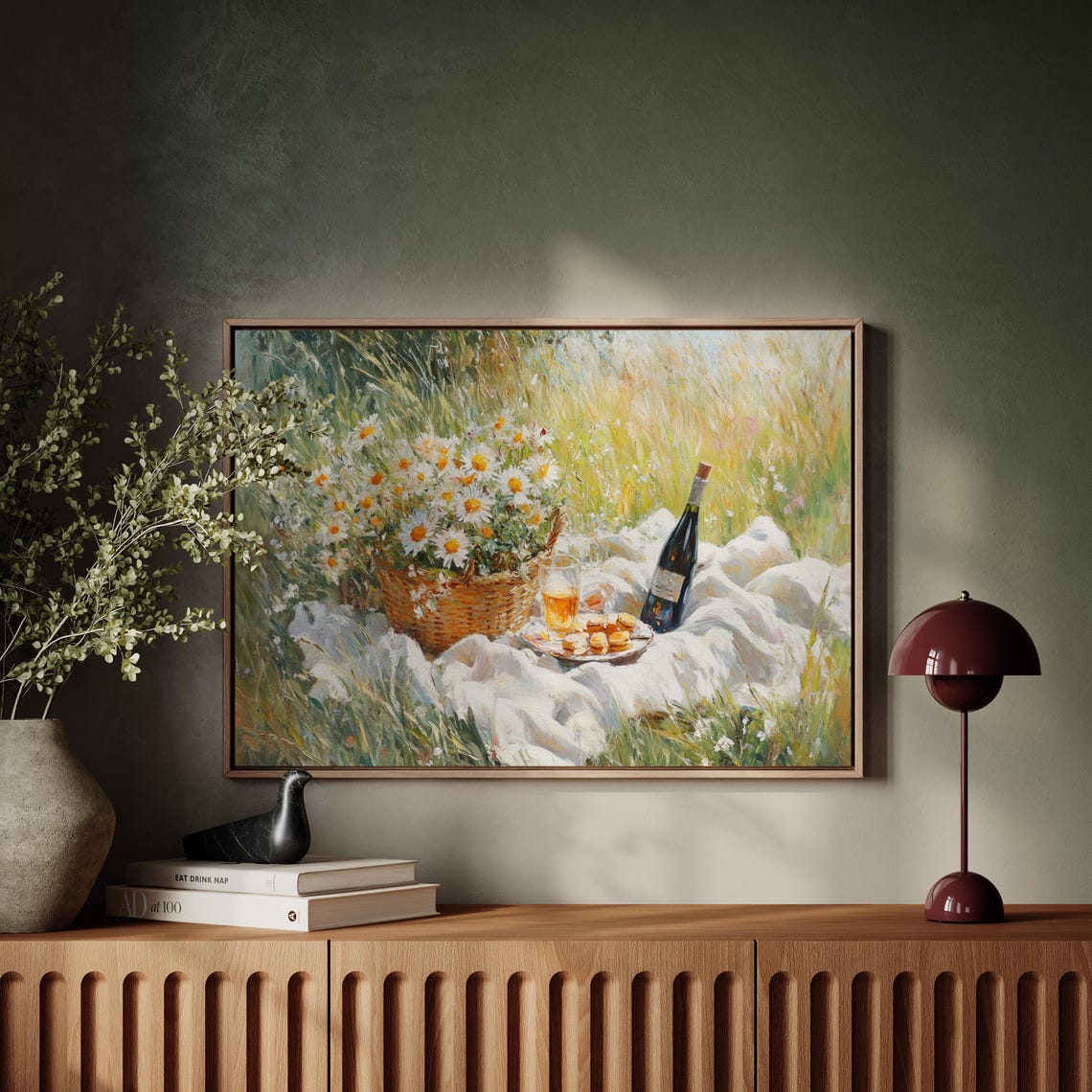 Sunlit Meadow Picnic Basket Of Daisies Wine And Cookies Wall Art - Image 5