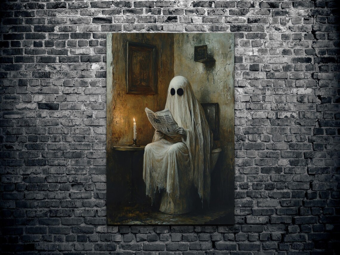 Sheet Ghost Reading Newspaper on Toilet by Candlelight Halloween Poster - Image 2