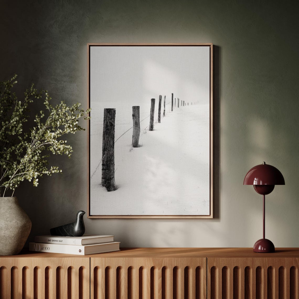 Snowy Fence Posts Minimalist Winter Black and White Field Poster