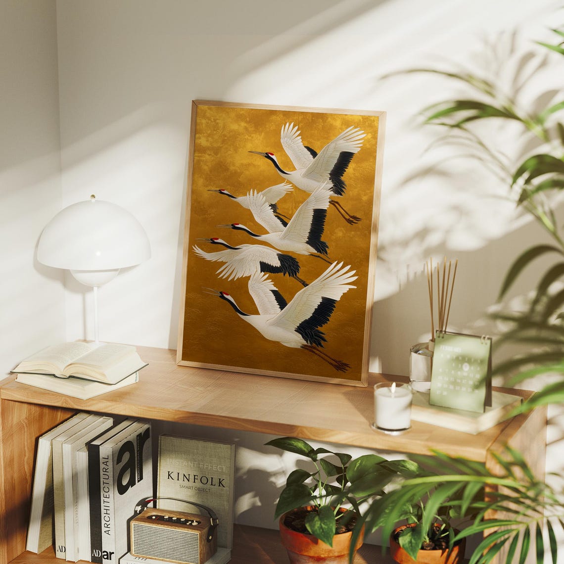 White Cranes Flying on Gold Background Classic Japanese Art Poster