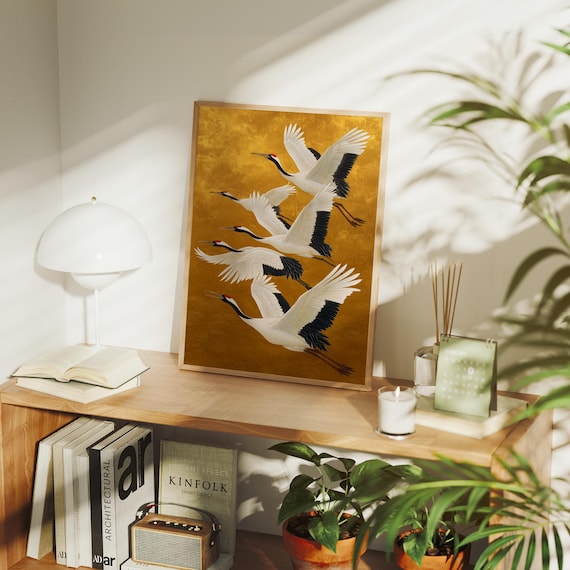 White Cranes Flying on Gold Background Classic Japanese Art Poster