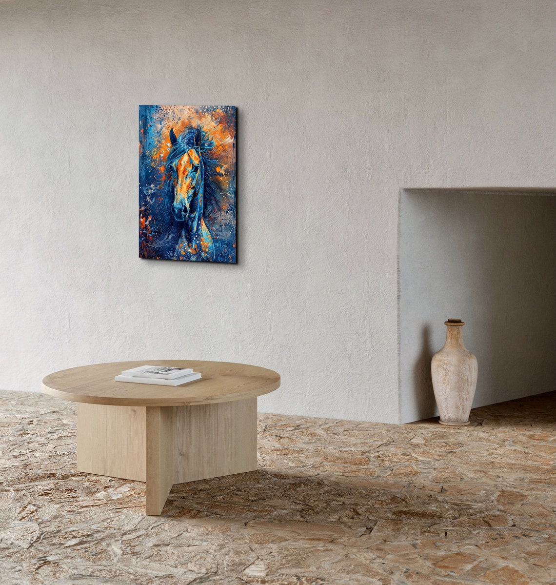 Wild Horse Portrait in Blue Orange Splatter Paint Abstract Poster - Image 4