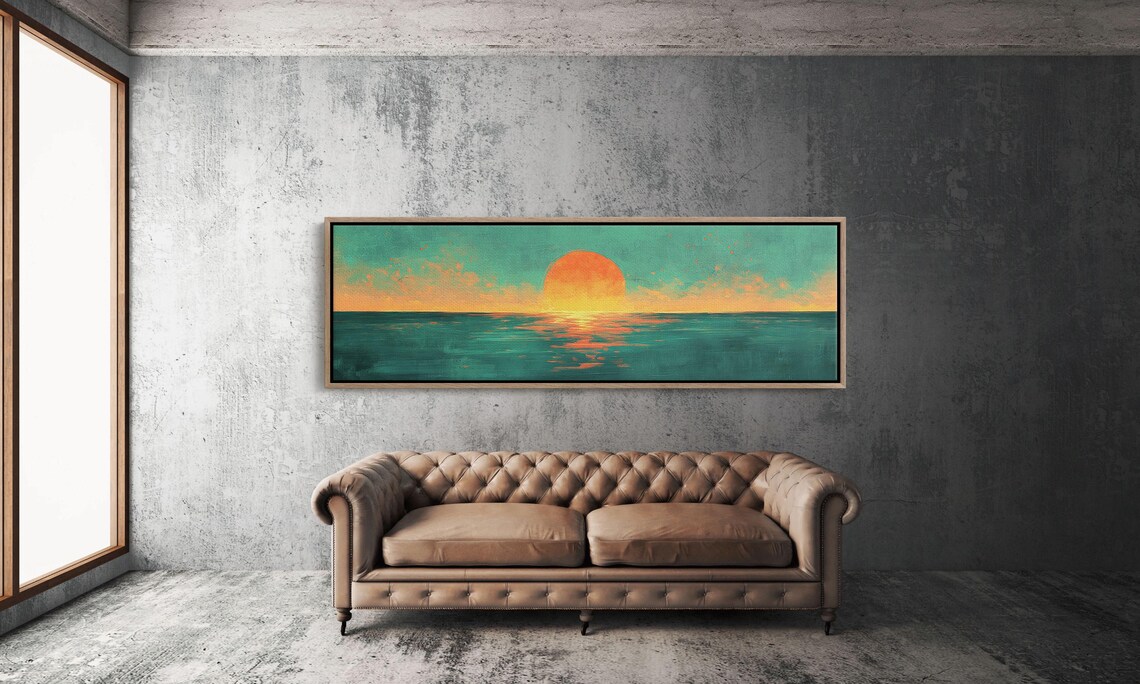 Vibrant Teal And Orange Ocean Sunset Large Sun Horizon Painterly Poster - Image 3