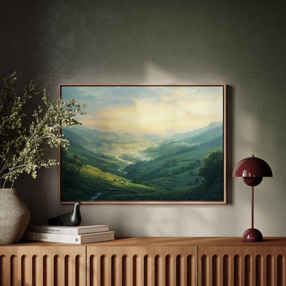 Rolling Hills Landscape Scenic Valley Wall Art Serene Sunset Nature Print Pastoral Countryside Home Decor Peaceful Greenery