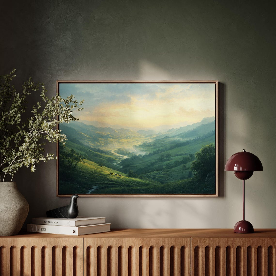 Rolling Hills Landscape Scenic Valley Wall Art Serene Sunset Nature Print Pastoral Countryside Home Decor Peaceful Greenery