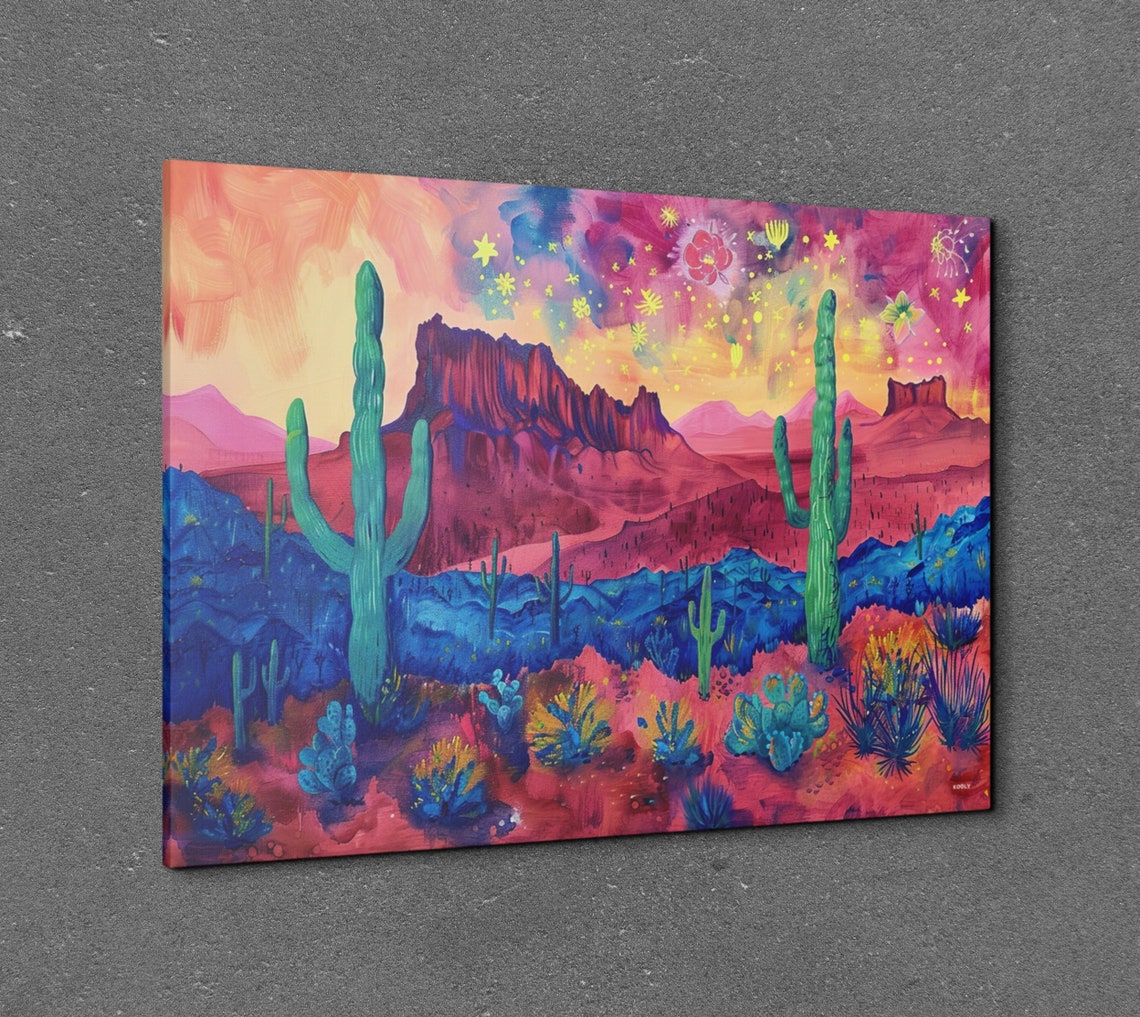 Saguaro Cacti Under a Magenta Starry Night Desert Sky Poster - Image 3