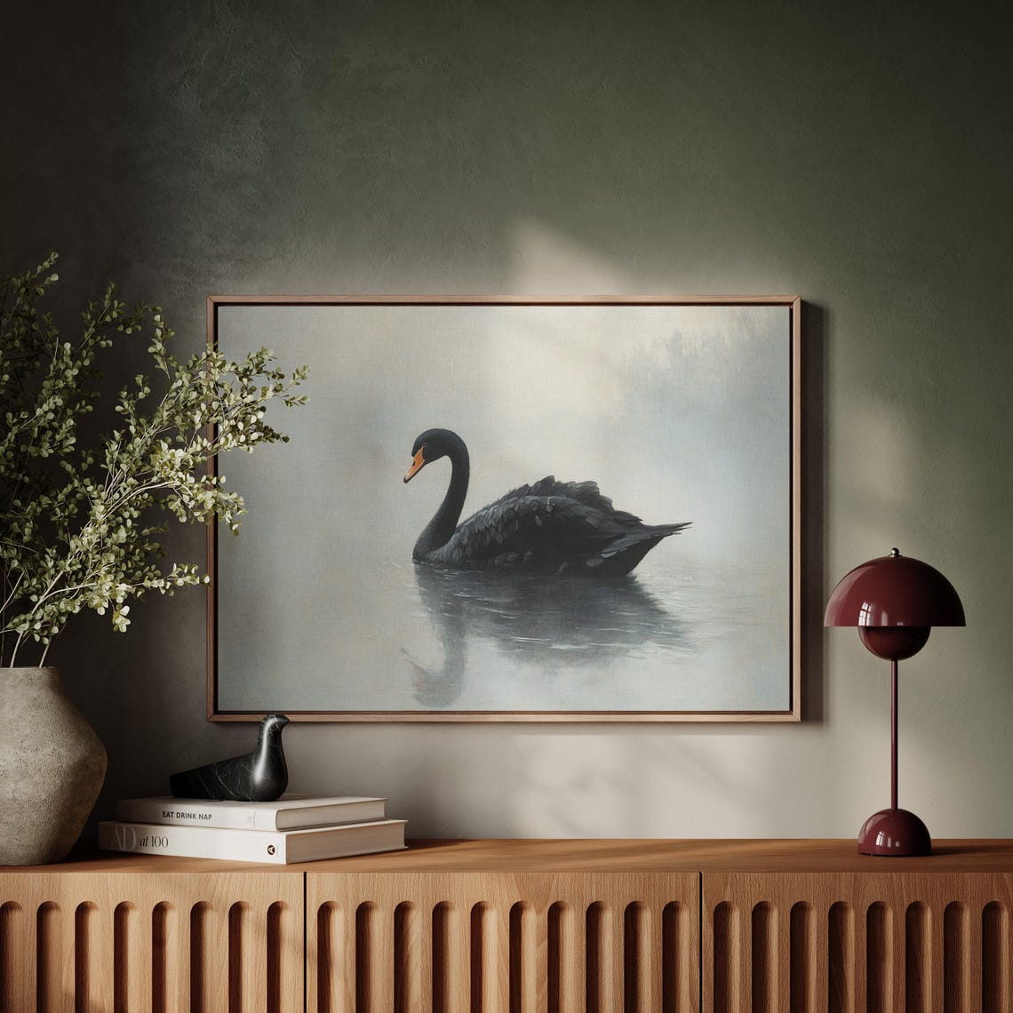 Black Swan Gliding on Still Water Minimalist Lake Reflection Poster