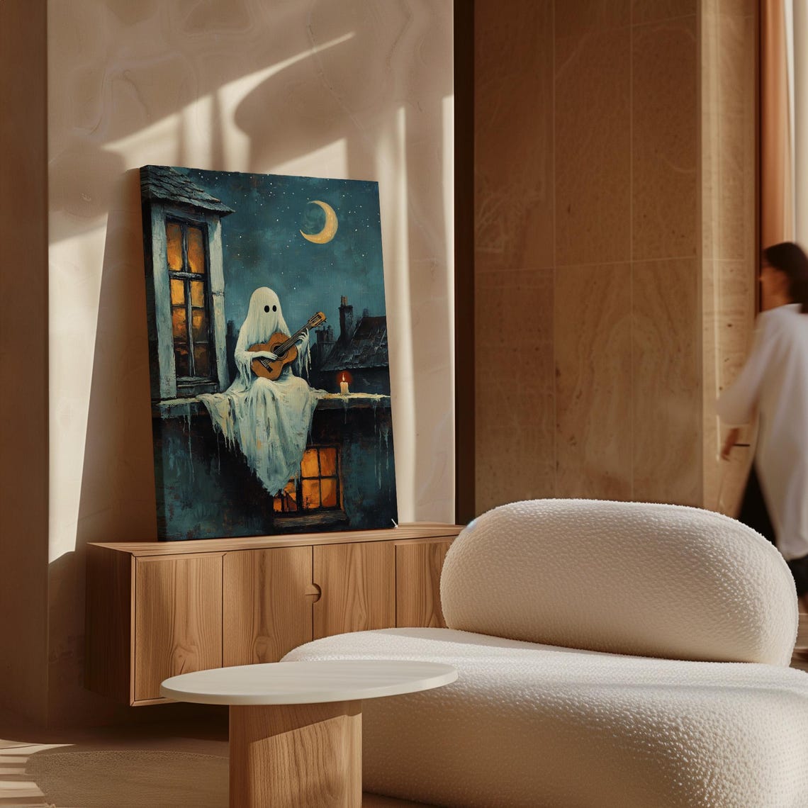 Cute Ghost Playing Guitar on a Rooftop Under Crescent Moon Poster - Image 6