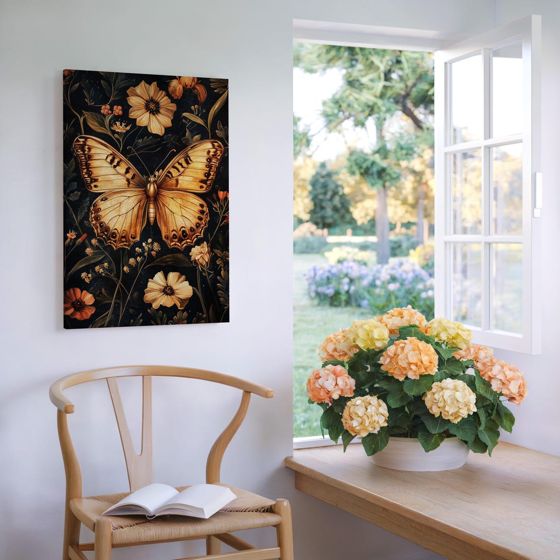 Vintage Golden Butterfly Among Cosmos Flowers Dark Botanical Poster - Image 5