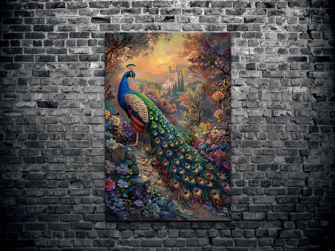 Peacock On Stone Garden Path Sunset Blooms Fantasy Painting Wall Art - Image 2