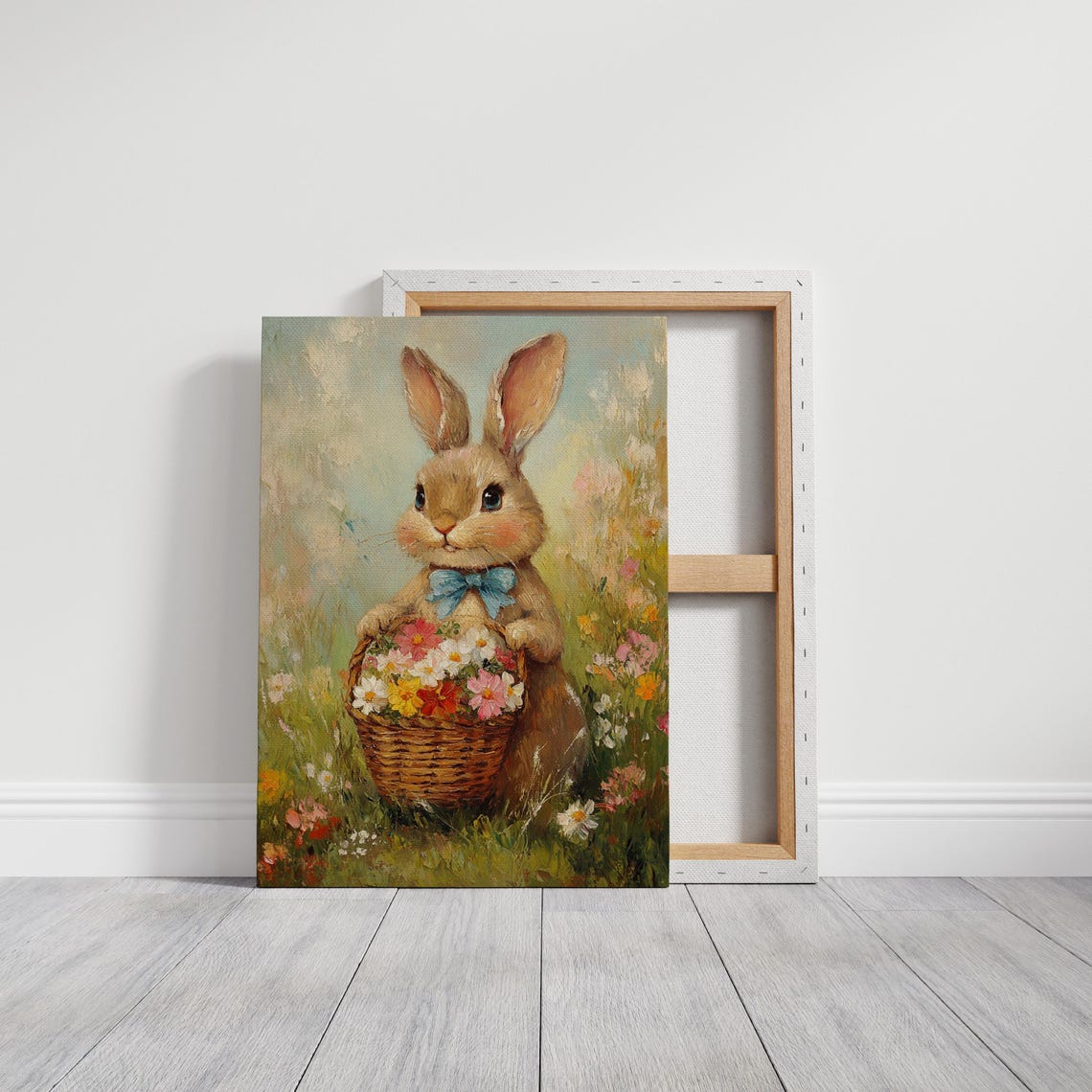 Sweet Bunny With Blue Ribbon Bow And Colorful Flower Basket Poster - Image 3
