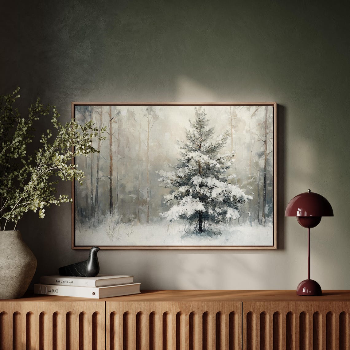 Snowy Pine Tree In Misty Gray Forest Peaceful Winter Wall Art - Image 5