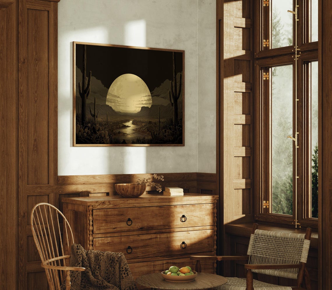 Desert Moonrise Over Cactus Valley River Sepia Tone Art Poster