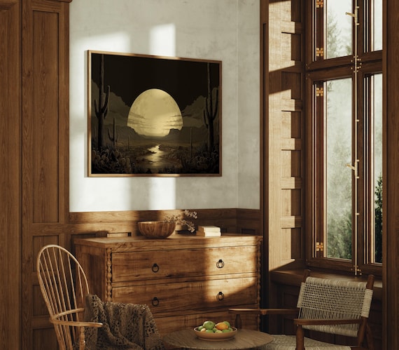 Desert Moonrise Over Cactus Valley River Sepia Tone Art Poster
