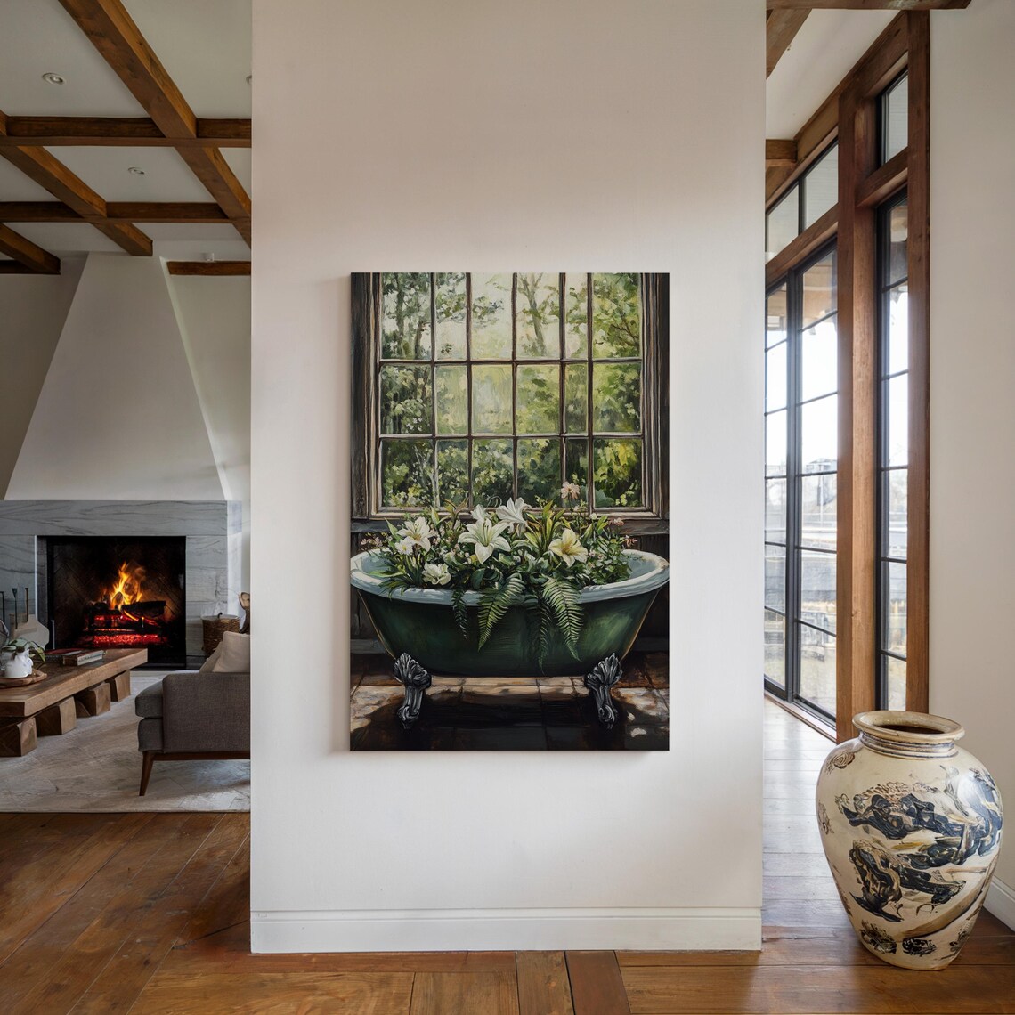 Vintage Green Bathtub Full Of Lilies Ferns Garden Window Wall Art - Image 2