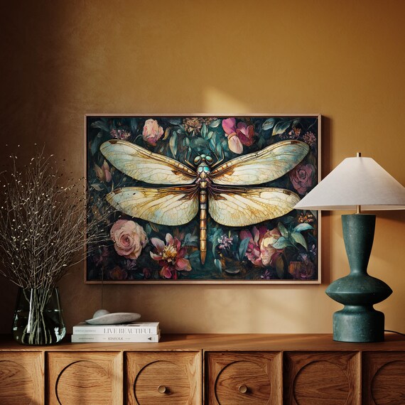 Dragonfly Wall Art Botanical Floral Print With Elegant Design Vintage Inspired Nature Inspired Home Decor Piece