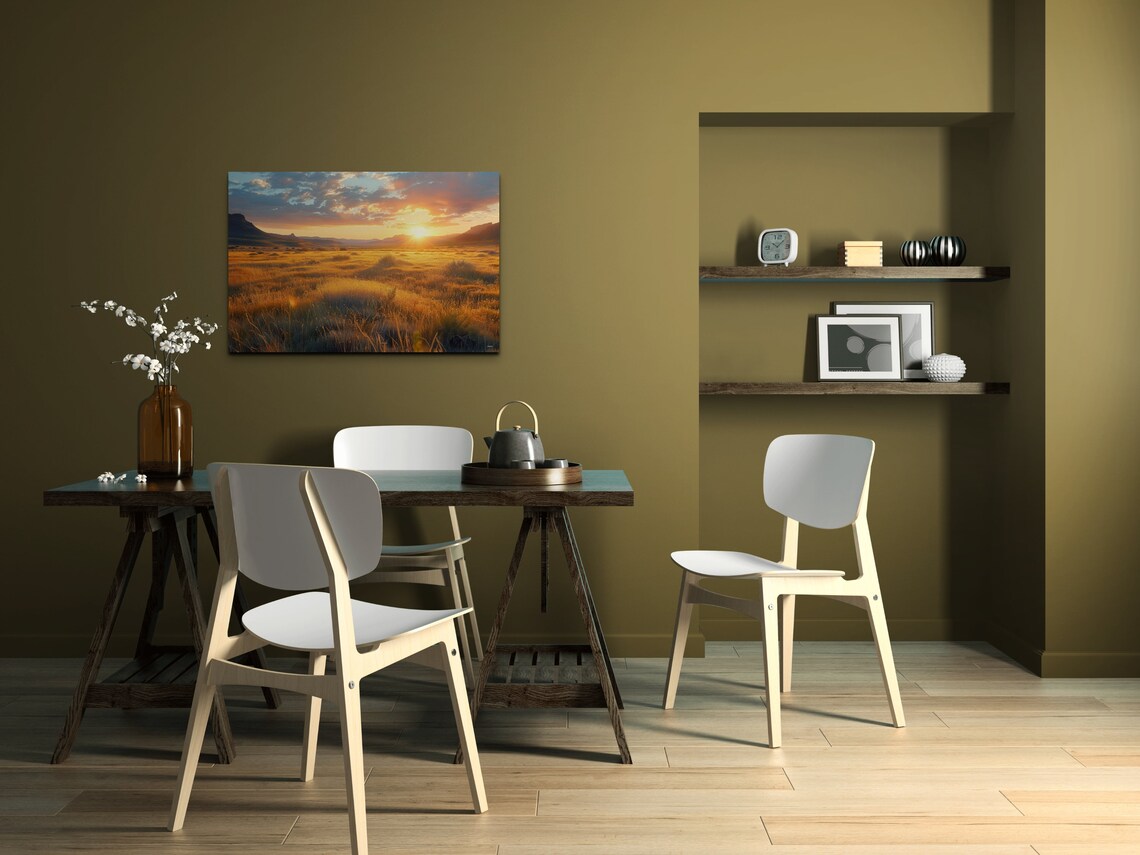 Golden Prairie Sunset Over Grassland Hills Horizon Painting Wall Art - Image 7