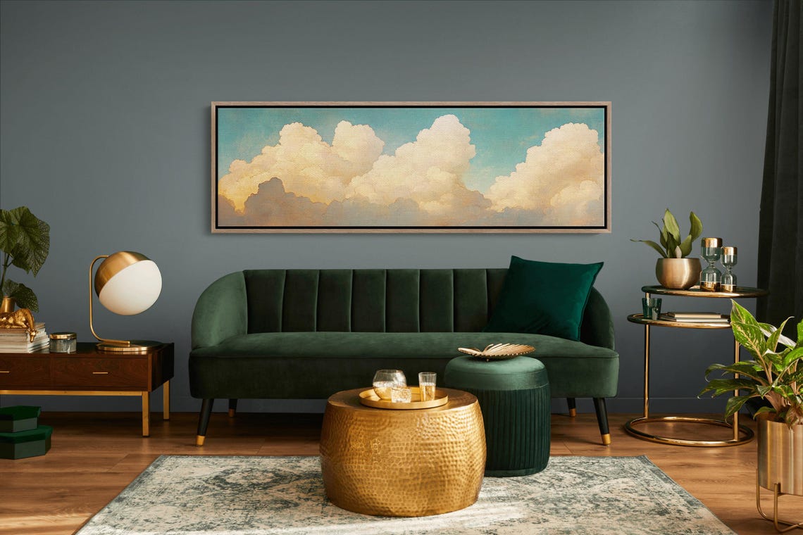Golden Cumulus Clouds Glowing In Turquoise Sky Serene Panoramic Print - Image 2
