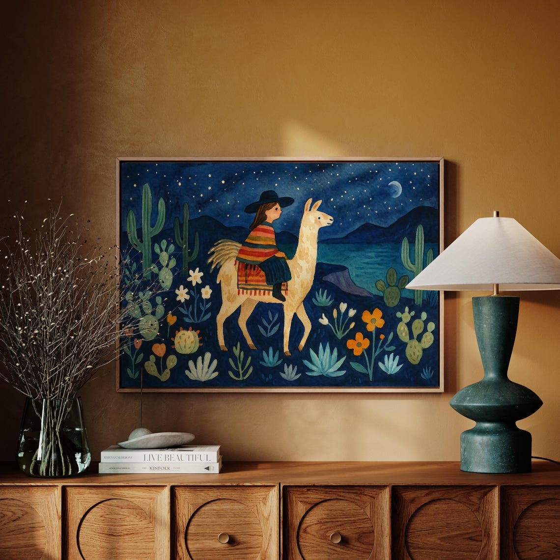 Whimsical Girl Riding Llama At Night Under Stars And Moonlight Poster