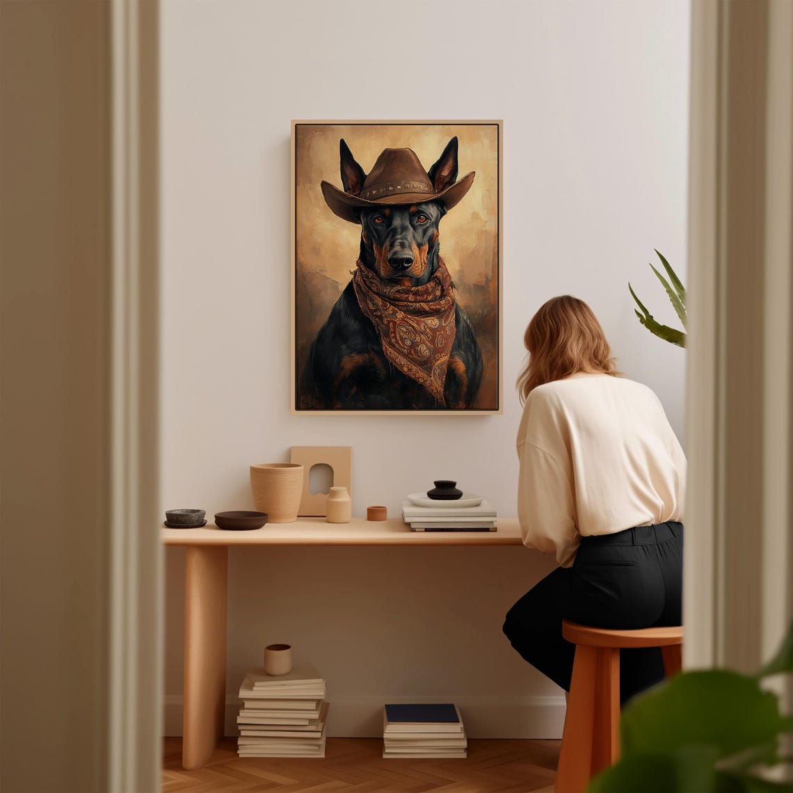Sleek Doberman Cowboy Hat Bandana Western Dog Portrait Poster - Image 5