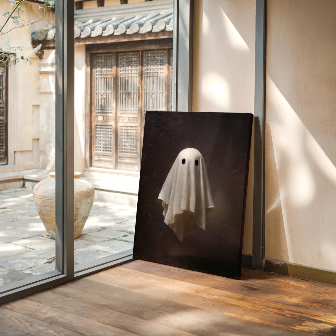Cute White Sheet Ghost Floating Dark Spooky Background Art Poster