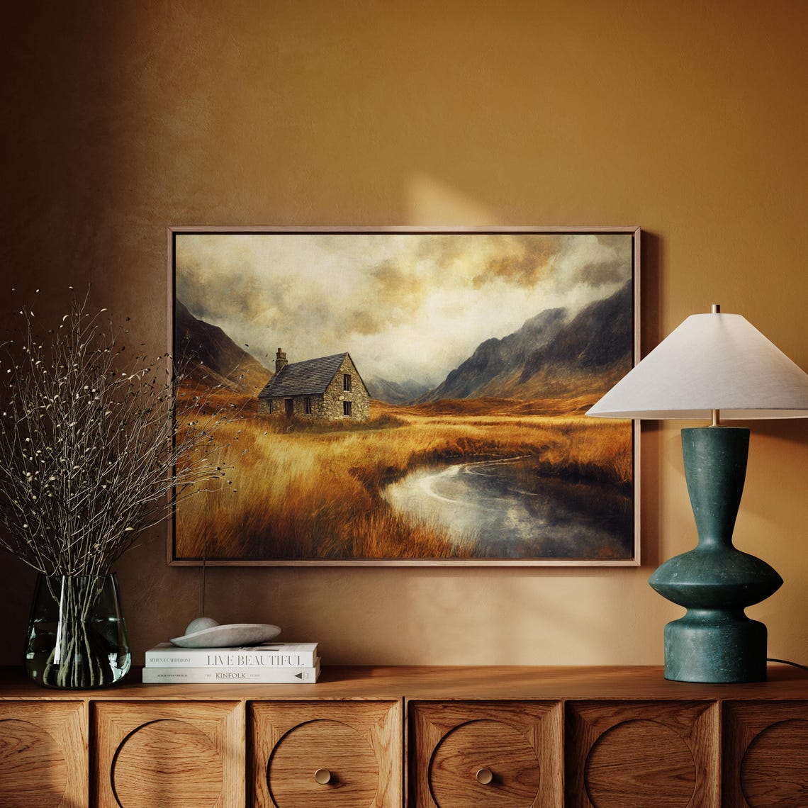 Rustic Stone Cottage By A Stream Golden Autumn Landscape Art Poster - Image 4