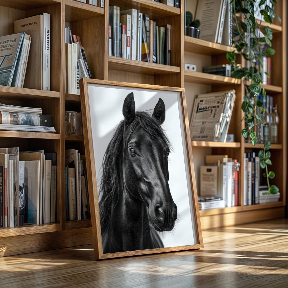 Black Stallion Portrait Close Up Black and White Horse Poster