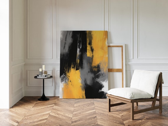 Modern Yellow Black Grey Abstract Canvas Art Bold Industrial Brushstroke Painting For Office Or Loft Wall Decor